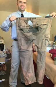 A picture of the pants before they went into the trash. 